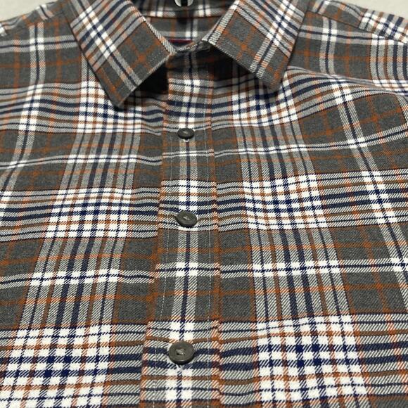 UnTuckit Flannel Shirt Mens Large Slim Fit Brown Gray Plaid Button Up Quenterra - Picture 6 of 8